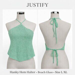 NWT Justify Beach Glass Mint Green Crochet Hanky Hem Halter Top S/M Boho